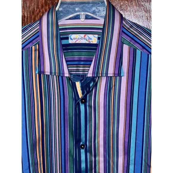 BRANDOLINI BLUE MULTI COLOR STRIPED COTTON SHIRT XXL FLIP CUFFS NICE SHEEN - Picture 1 of 4